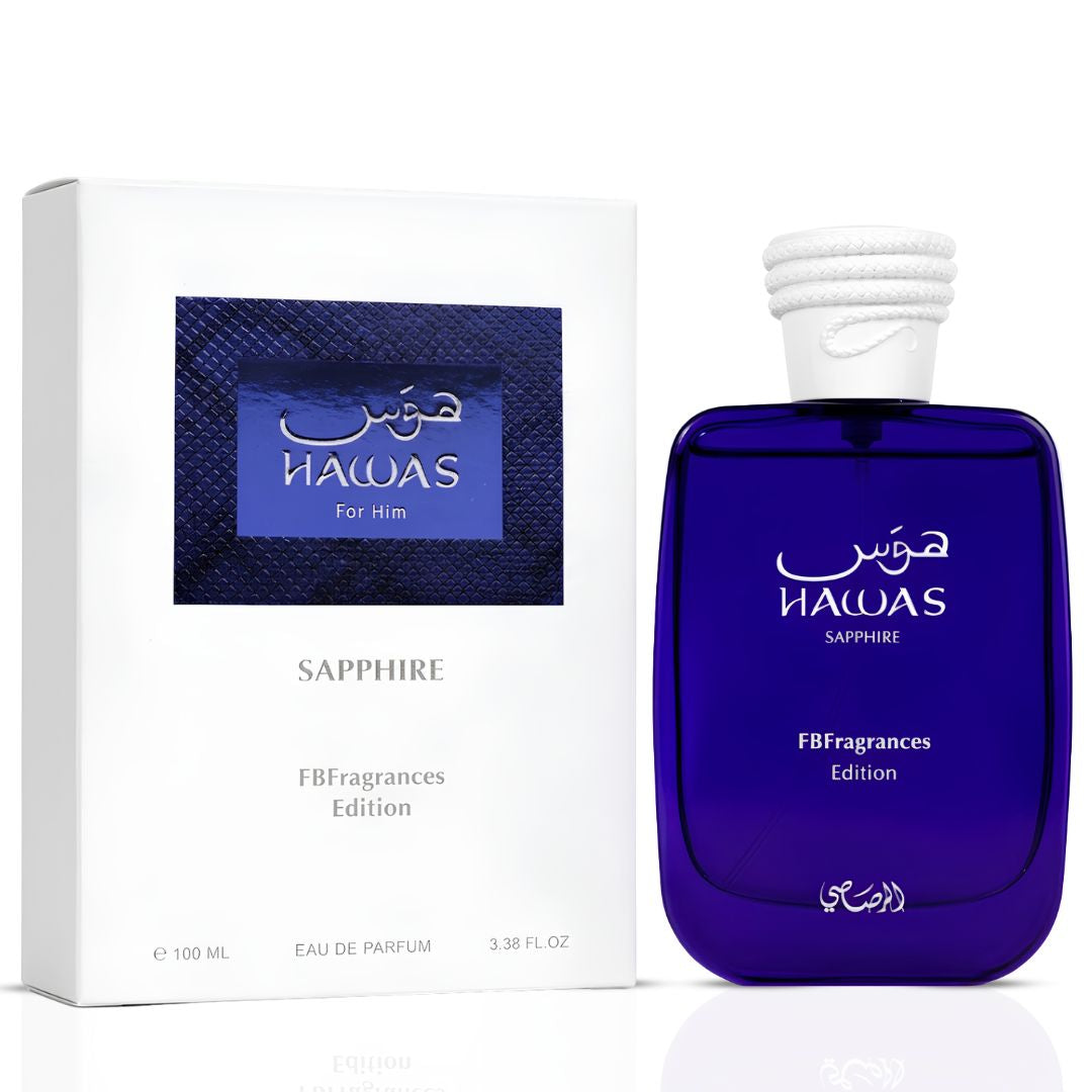 Rasasi Hawas Sapphire Eau de Parfum 100ml bottle and box