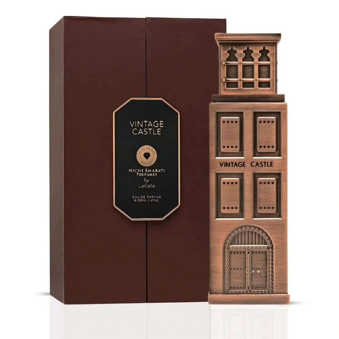 Lattafa Niche Emarati Vintage Castle 100ml EDP bottle with vintage design and gold accents