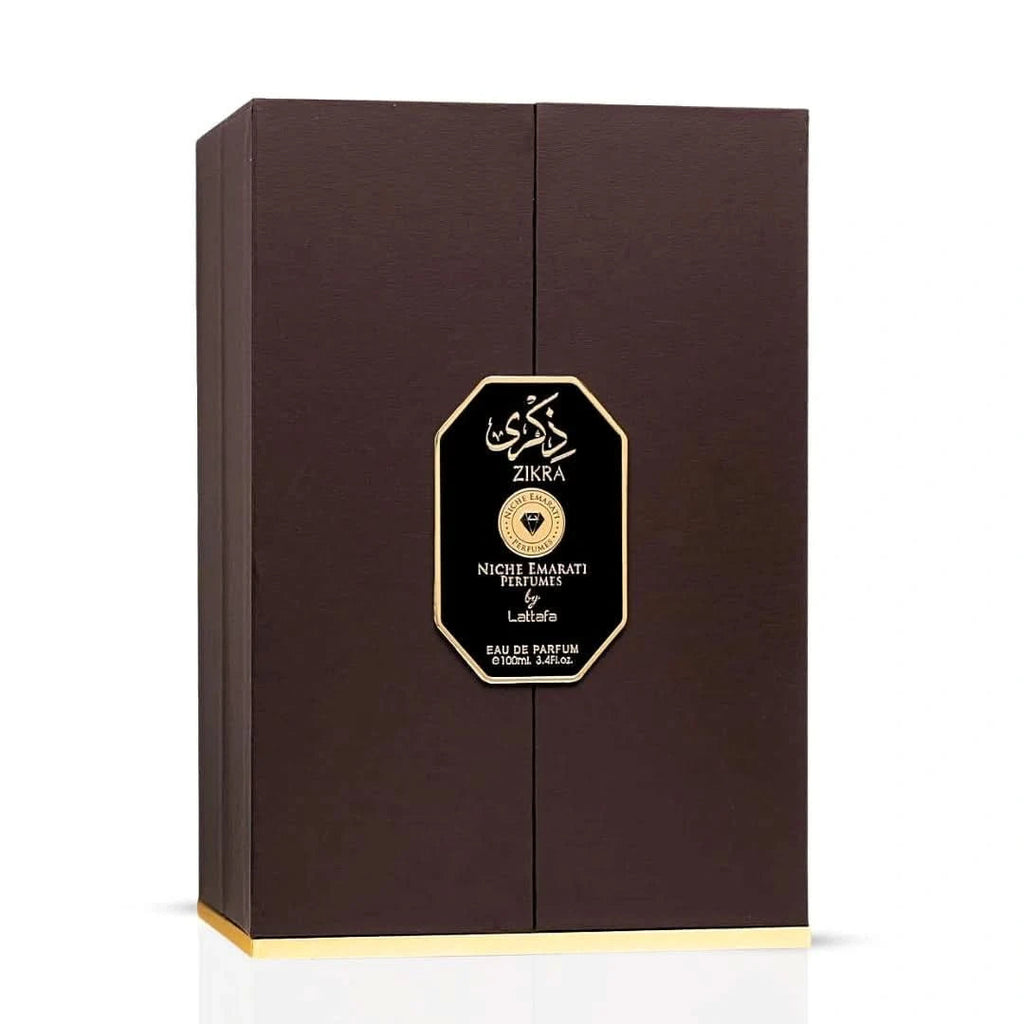 Lattafa Niche Emarati Zikra glass bottle with black cap and gold accents