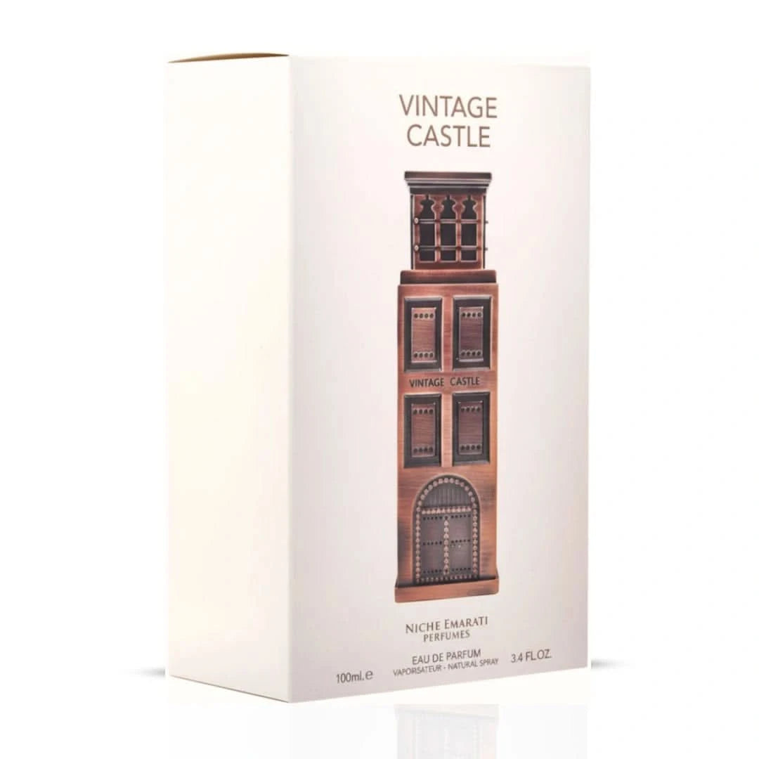 Lattafa Niche Emarati Vintage Castle bottle detail with silver accents