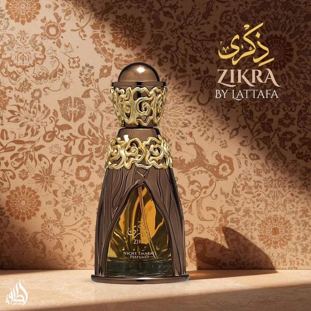 Lattafa Niche Emarati Zikra bottle with packaging and fragrance detail
