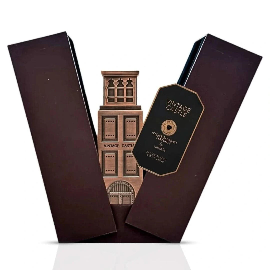 Lattafa Niche Emarati Vintage Castle 100ml Eau de Parfum bottle with ornate presentation box