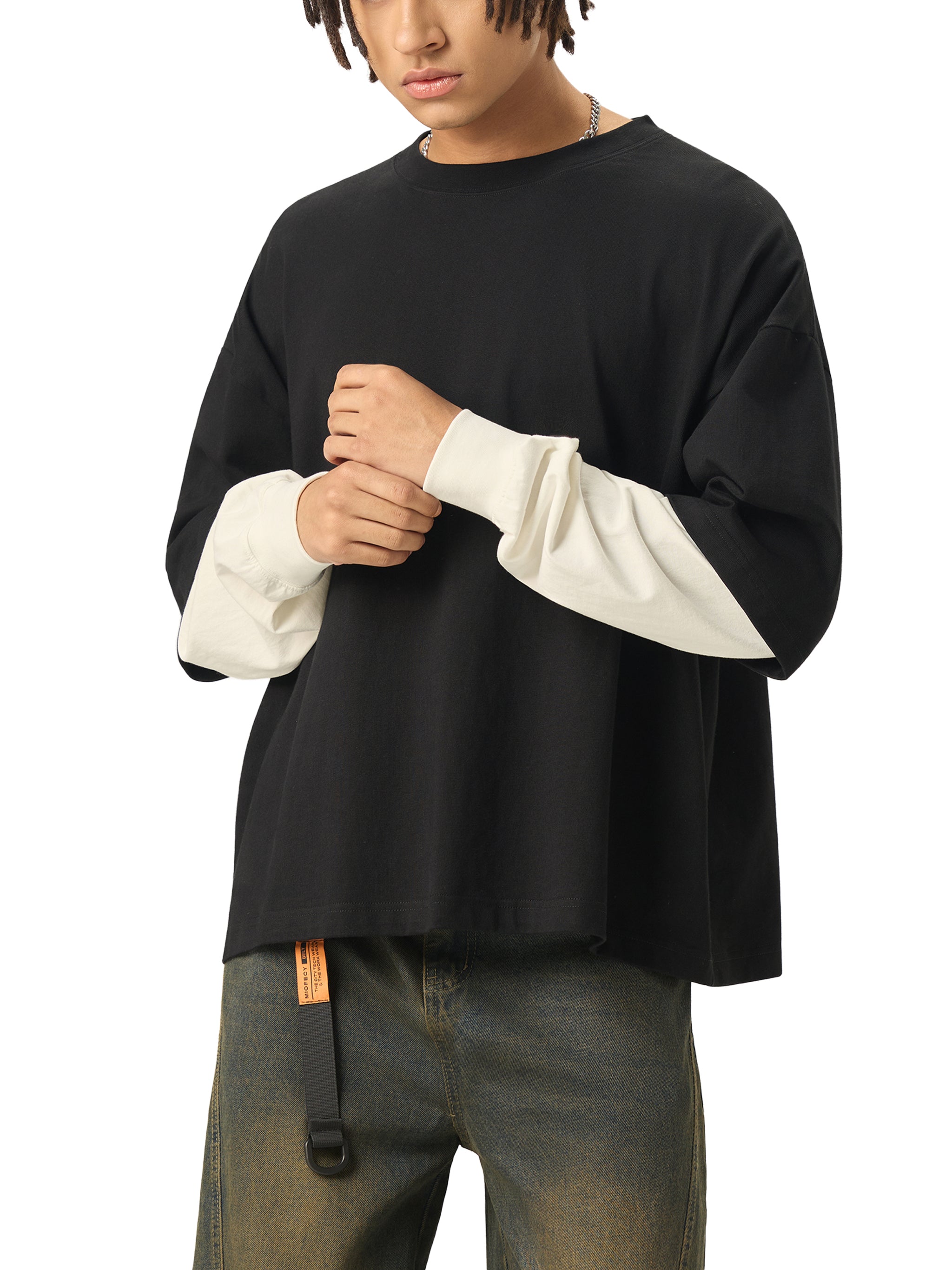SLOW DAWG Layered Contrast Sleeve Cotton T-Shirt