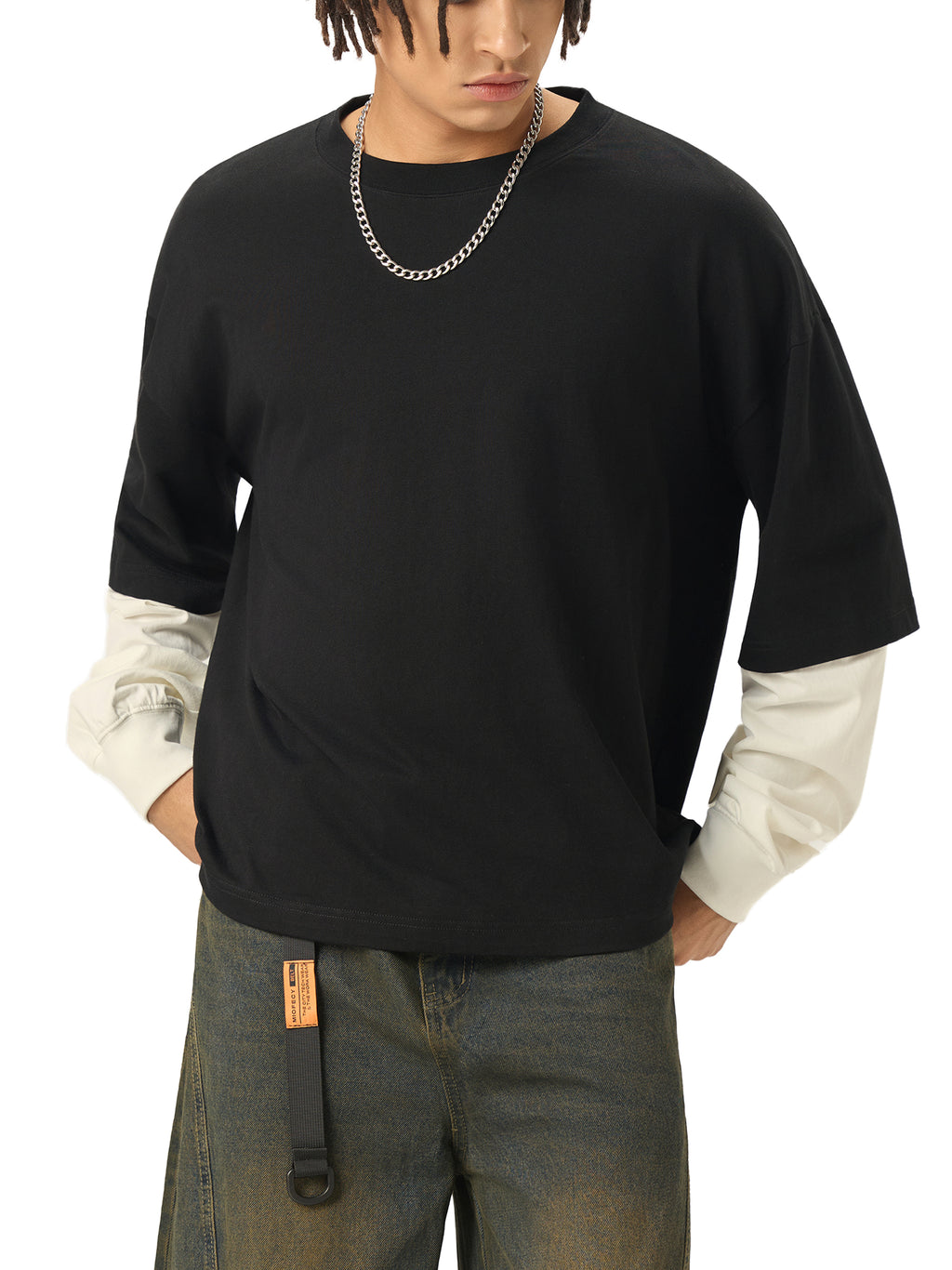 SLOW DAWG Layered Contrast Sleeve Cotton T-Shirt