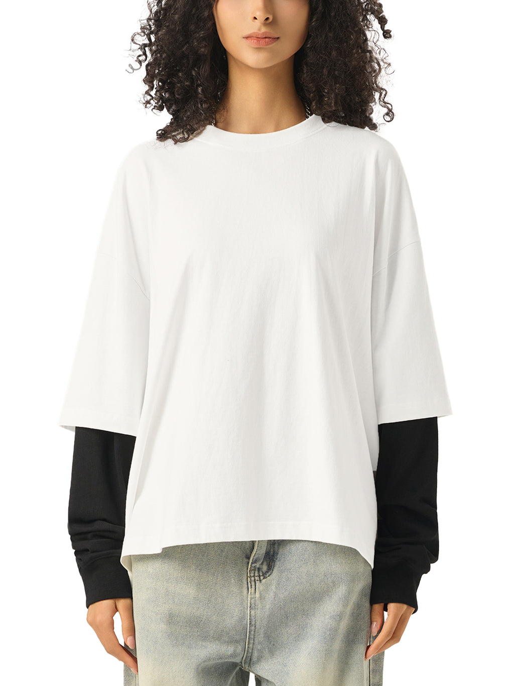 SLOW DAWG Layered Contrast Sleeve Cotton T-Shirt