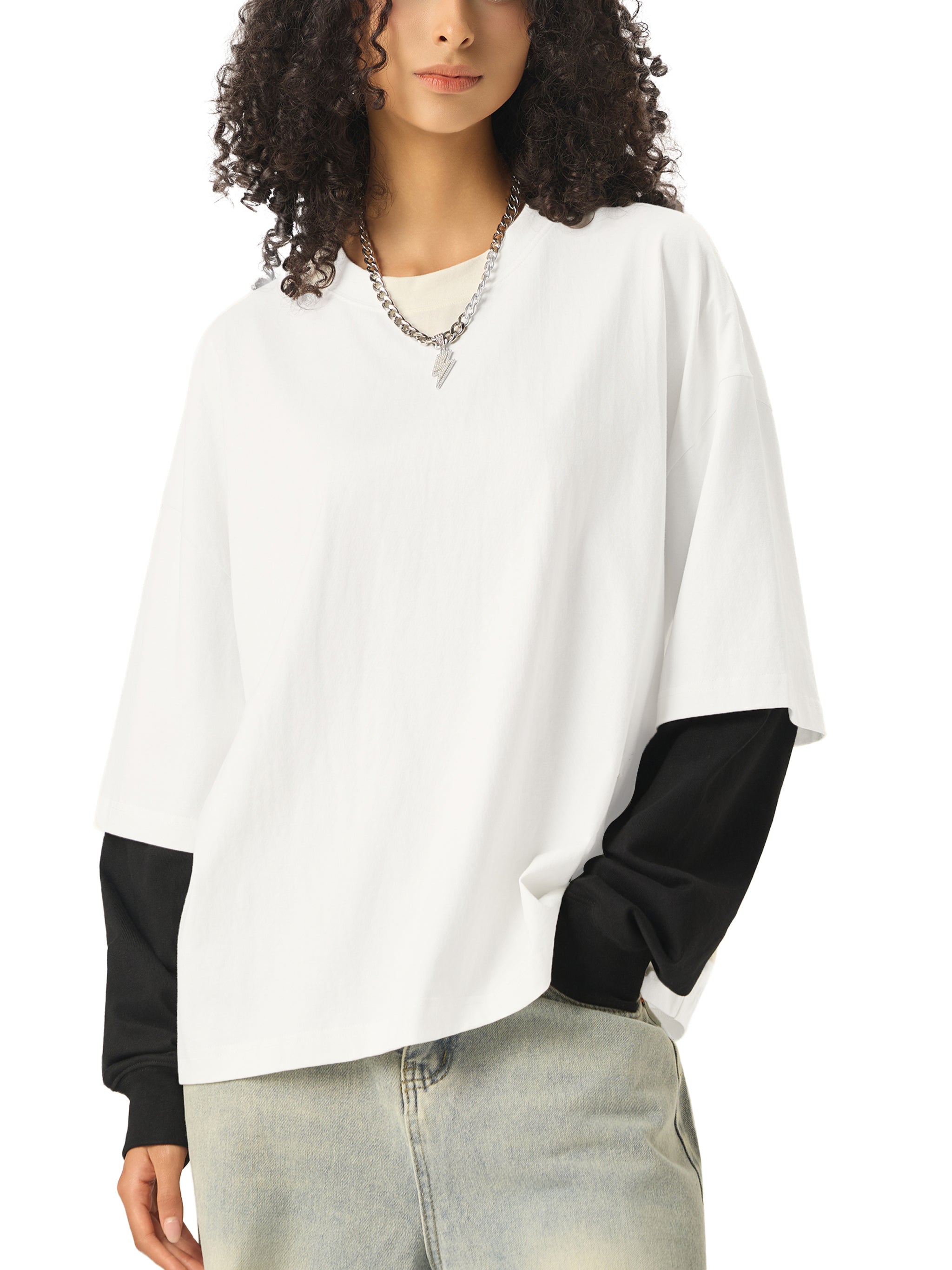 SLOW DAWG Layered Contrast Sleeve Cotton T-Shirt