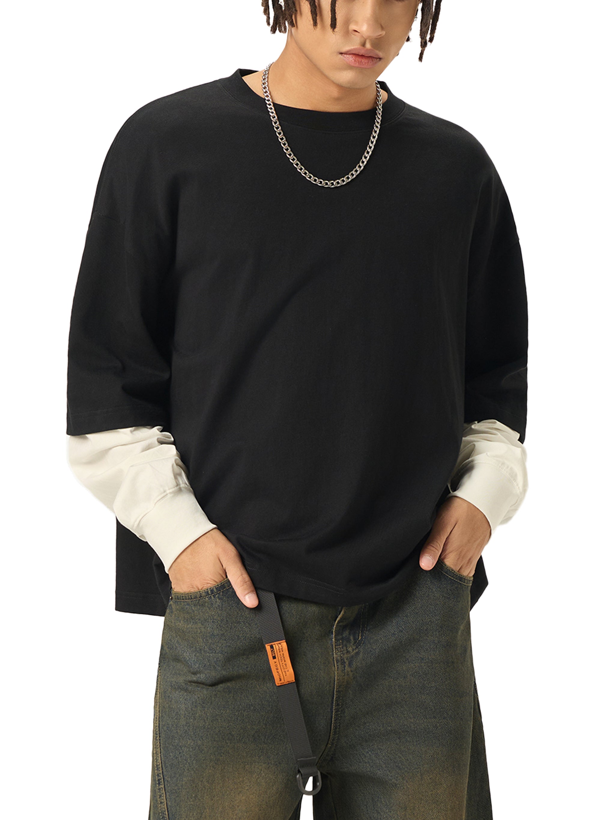 SLOW DAWG Layered Contrast Sleeve Cotton T-Shirt