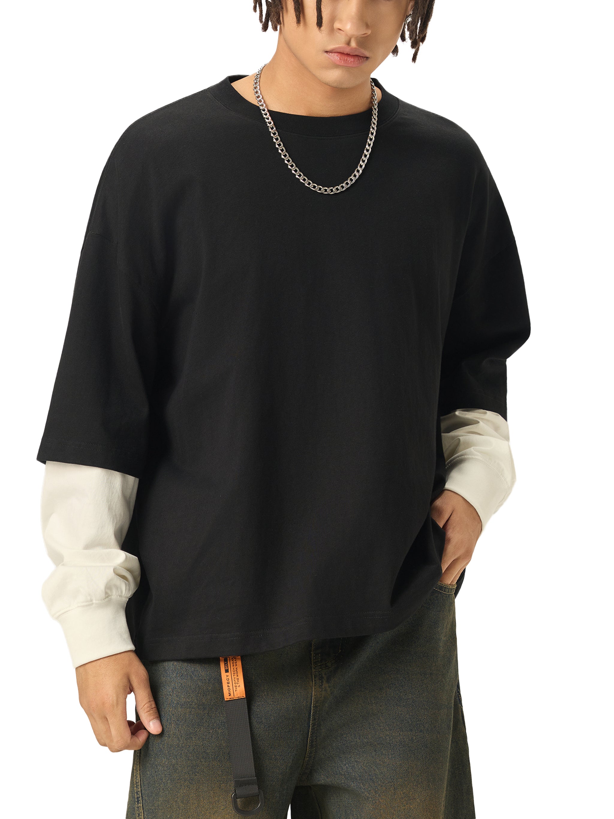 SLOW DAWG Layered Contrast Sleeve Cotton T-Shirt