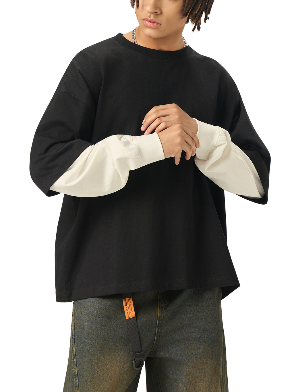 SLOW DAWG Layered Contrast Sleeve Cotton T-Shirt